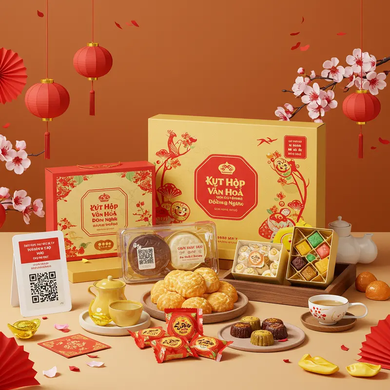 Không gian quà tặng Tết kết hợp hài hòa giữa truyền thống và công nghệ hiện đại.