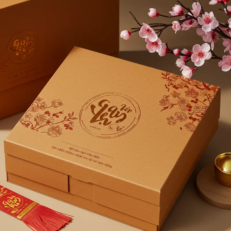 Hộp quà Tết theo phong cách tối giản với sắc màu trắng, vàng, đỏ tinh tế.