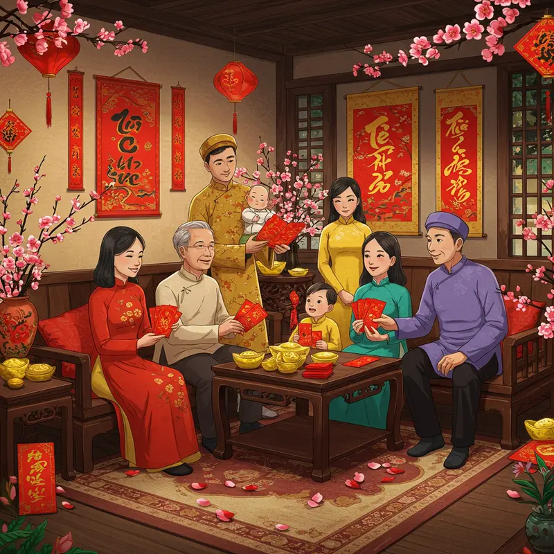 Gia đình Việt trao tặng lời chúc và lì xì ngày Tết trong không khí sum vầy.