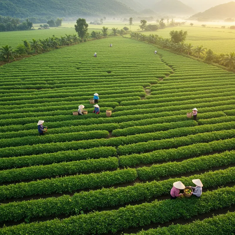 Nông trại hữu cơ tại Việt Nam với nông dân đang thu hoạch sạch.