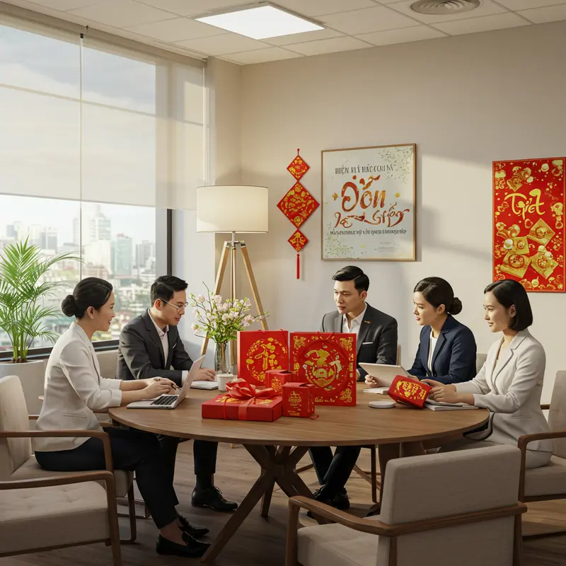 Nhóm doanh nghiệp họp bàn về ngân sách và lựa chọn hộp quà Tết.