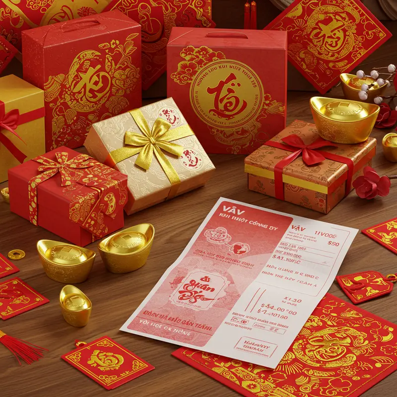 Bàn làm việc với hộp quà Tết sang trọng và hóa đơn đỏ chi tiết, mô tả quy trình xuất hóa đơn quà tặng cho doanh nghiệp.