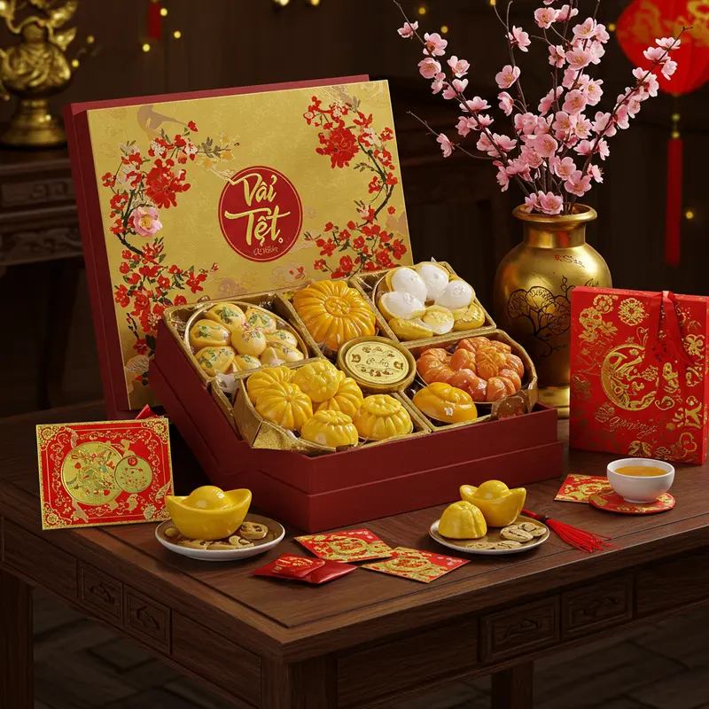 Hộp quà Tết được sắp xếp tinh tế, tượng trưng cho tấm lòng dịp năm mới.