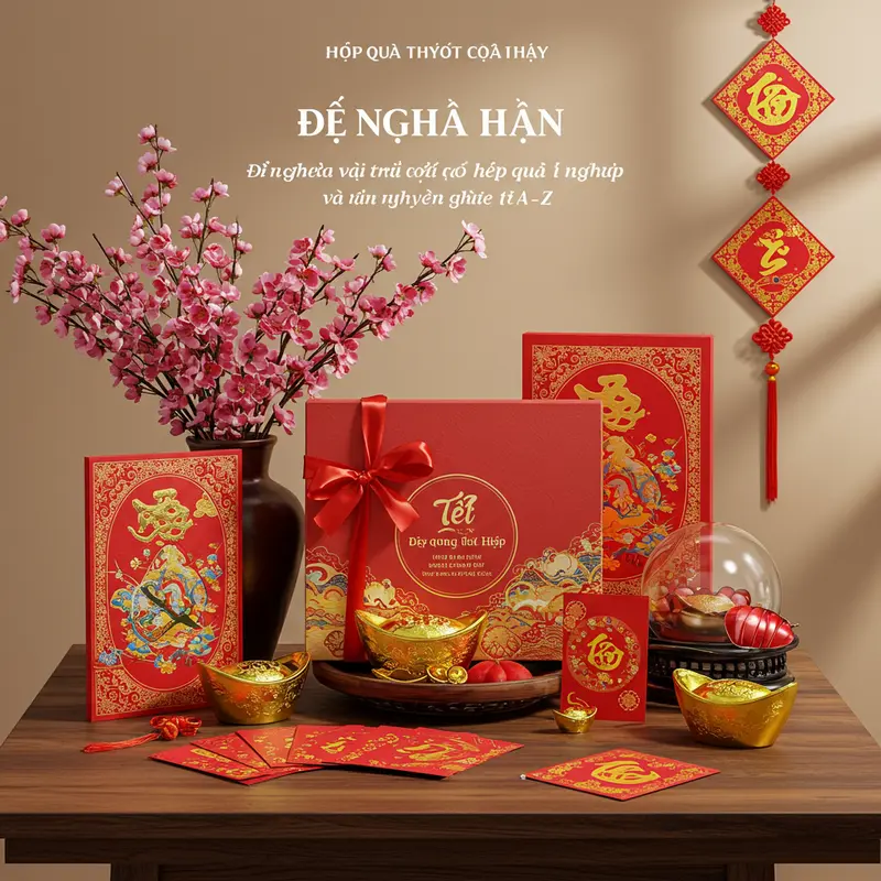 Hộp quà Tết sang trọng, kết hợp hoa đào và phụ kiện truyền thống ngày Tết.