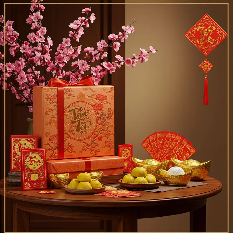 Hộp quà Tết truyền thống bên cạnh bánh mứt, hoa đào và phong bao lì xì.