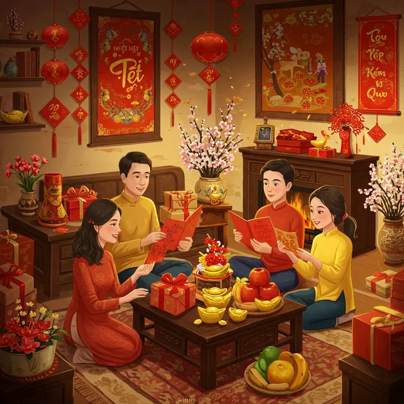 Không gian gia đình ấm áp trao tặng và đọc lời chúc kèm hộp quà Tết.