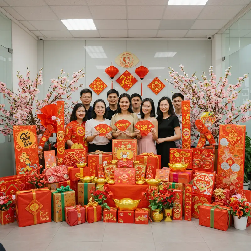 Không khí trao quà Tết ấm áp tại doanh nghiệp Việt Nam với quà truyền thống lẫn nhập khẩu.