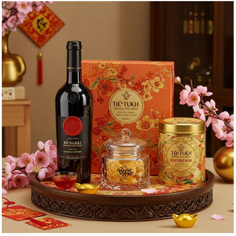 Bộ quà Tết sang trọng với rượu vang, yến sào và trà thượng hạng tôn vinh giá trị đối tác.