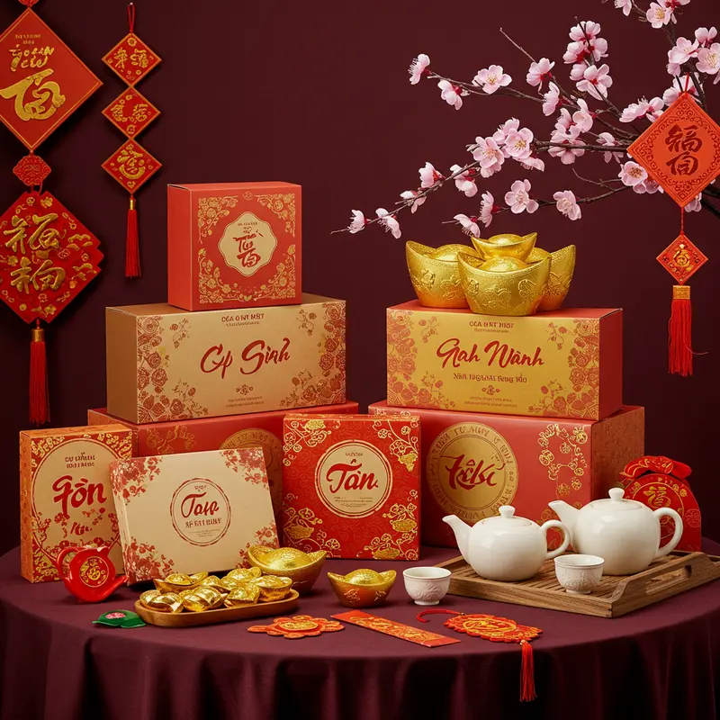 Hộp quà Tết doanh nghiệp cá nhân hóa với logo và thông điệp thiết kế riêng.
