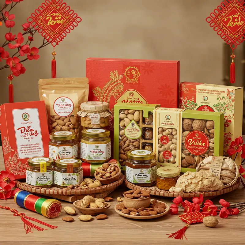 Giỏ quà Tết hữu cơ với trái cây tươi, trà thảo mộc và hạt dinh dưỡng trong không gian đậm nét Tết.