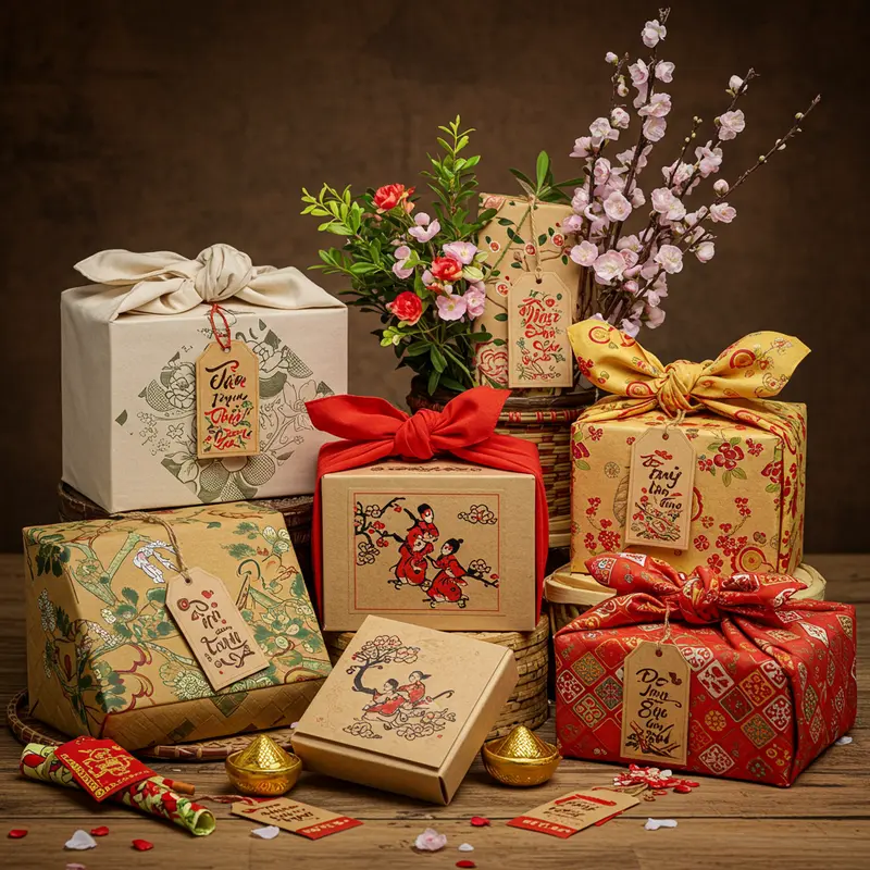 Không gian Tết ấm cúng với hộp quà hữu cơ tự làm chứa đầy trái cây, bánh kẹo và vật liệu tự nhiên.