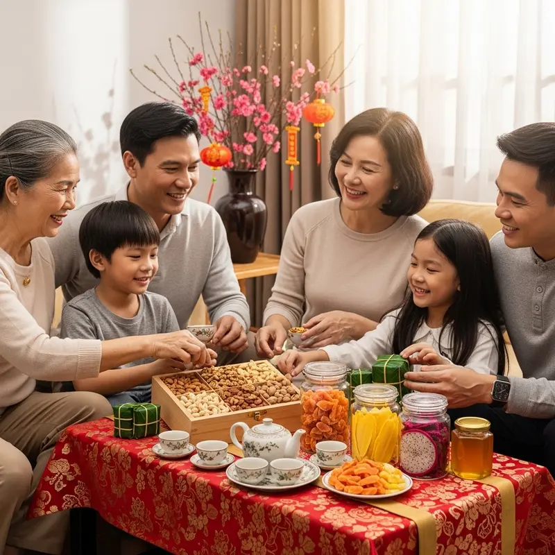 Gia đình sum vầy bên hộp quà Tết healthy tự làm tại nhà.