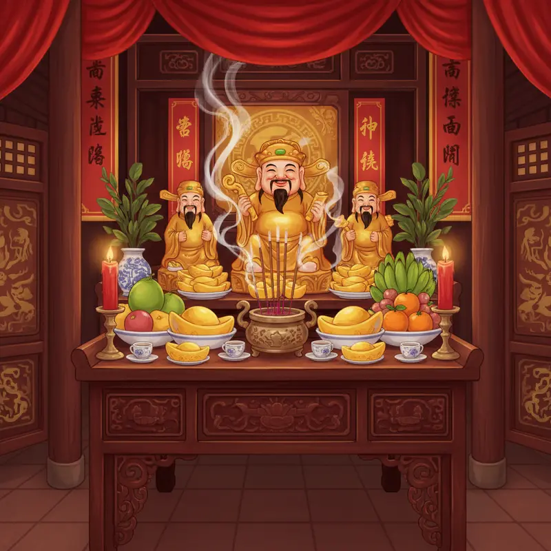 Bàn thờ Thần Tài truyền thống trong nhà người Việt ngày Vía Thần Tài.