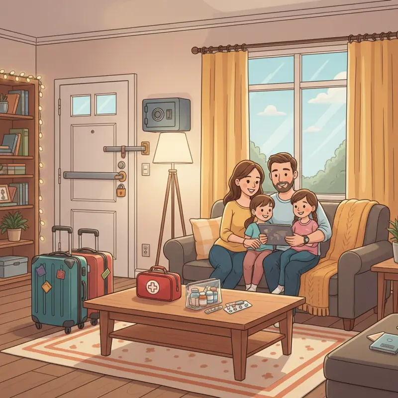 Phòng khách gọn gàng với cửa khóa, két sắt, vali và túi thuốc, tạo cảm giác an tâm trước chuyến Tết xa nhà.