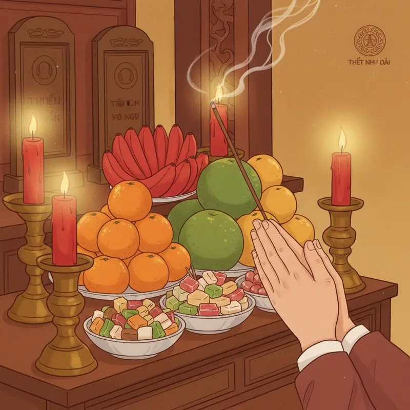 Gia đình sum vầy bên bàn thờ tổ tiên, làn khói hương kết nối ba thế hệ vào dịp Tết.