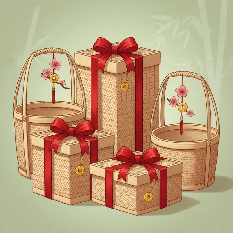 Quà Tết gói bằng tre, gỗ và giấy tái chế trên bàn truyền thống.