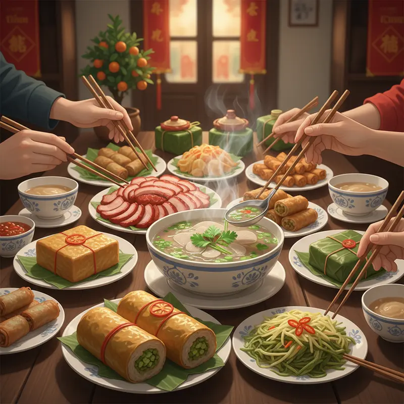 Mâm cơm ngày Tết với các món canh và ăn kèm giúp giải ngán, cân bằng bữa ăn.