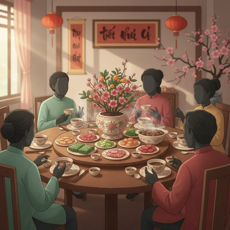 Phòng khách truyền thống ngày Tết, rác được gom lại một góc để giữ lộc.