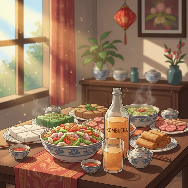 Bàn tiệc Tết cùng dưa món và kombucha bổ trợ tiêu hóa.