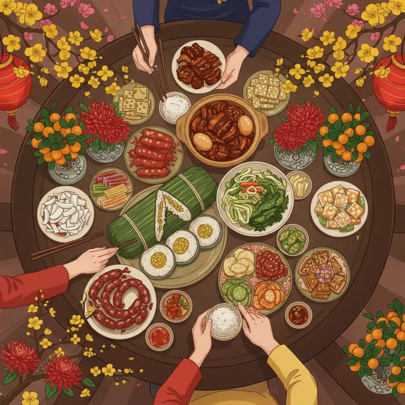 Bàn ăn ngày Tết Nam Bộ tràn ngập món ngon truyền thống và không khí sum vầy.