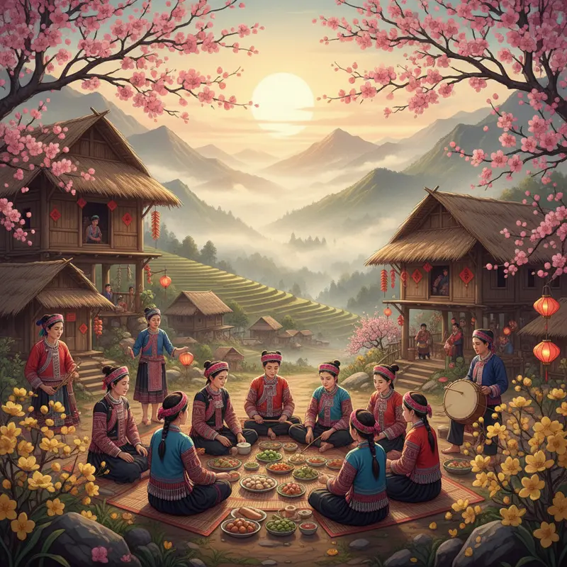 Khung cảnh bản làng vùng cao ngày Tết với hoa đào, người dân trang phục truyền thống và ngôi nhà sàn dưới làn sương sớm.