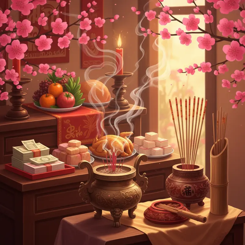 Hình ảnh bàn thờ truyền thống ngày Tết với mâm lễ hóa vàng và lọ xin xăm.