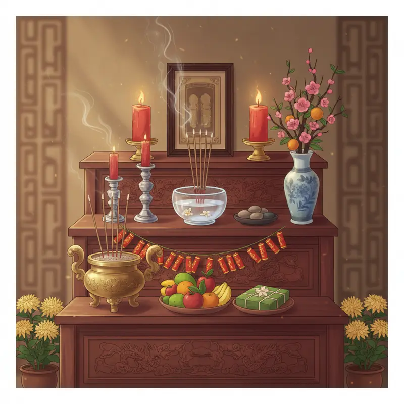 Bàn thờ gia tiên ngày Tết với biểu tượng ngũ hành hài hòa.