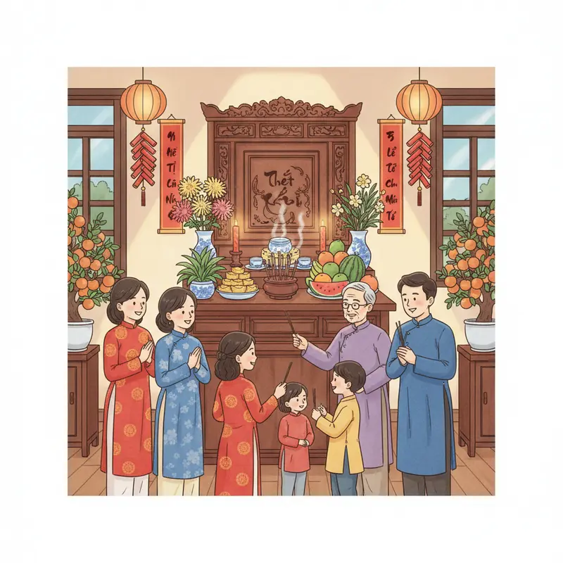 Ảnh không gian phòng khách với bàn thờ gia tiên dịp Tết, đầy đủ lễ vật và không khí đoàn viên.