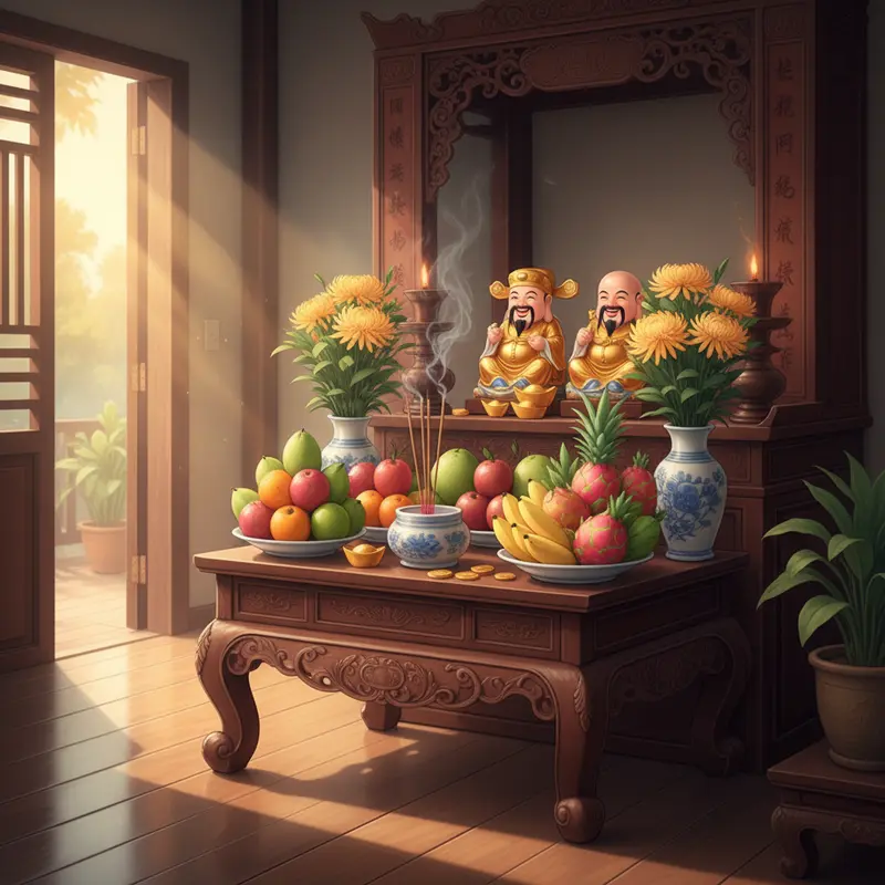 Bàn thờ Thần Tài truyền thống trong nhà người Việt ngày Vía Thần Tài.