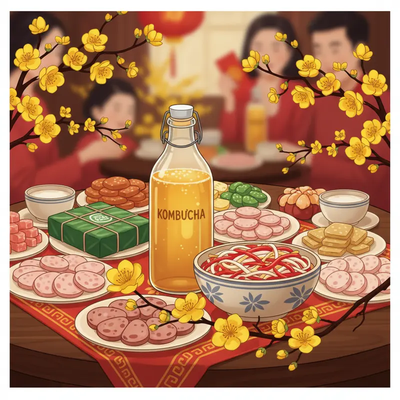 Bàn tiệc Tết truyền thống nổi bật với dưa món lên men và kombucha tự nhiên.