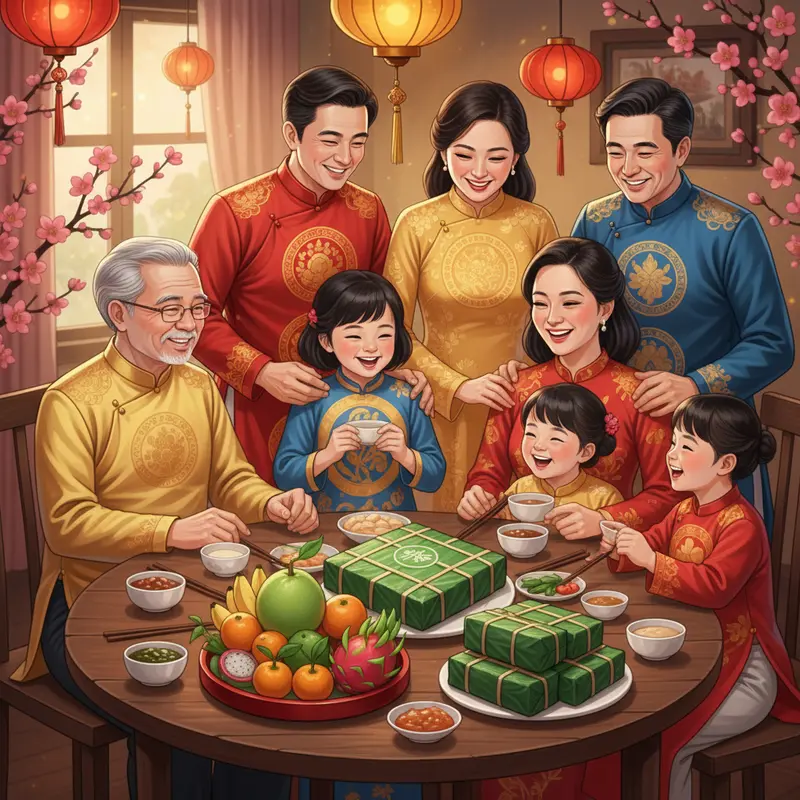 Gia đình sum vầy bên mâm cỗ Tết với bánh chưng và bánh tét