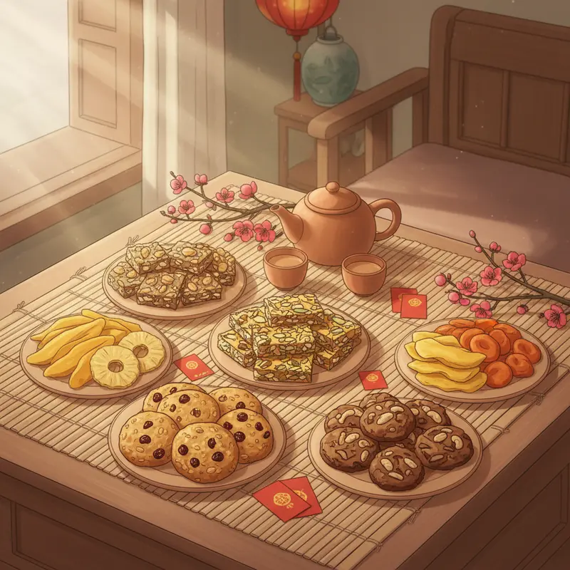 Bàn trà Tết hiện đại với các loại bánh healthy đa dạng và đẹp mắt.