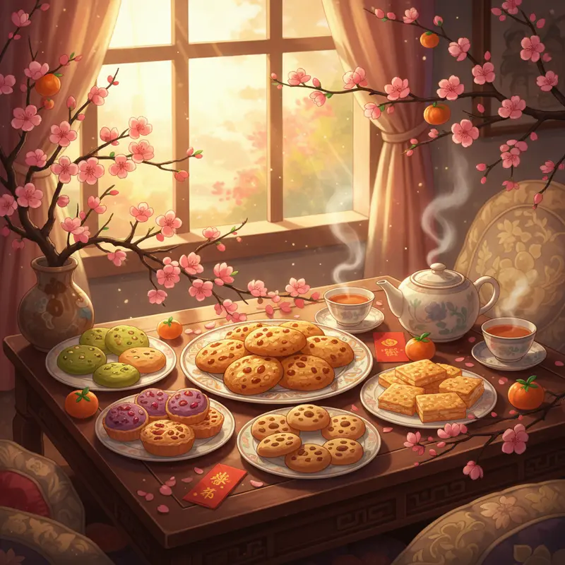 Bàn trà truyền thống Tết, bánh quy yến mạch, các loại bánh healthy, hoa đào và trà nóng.