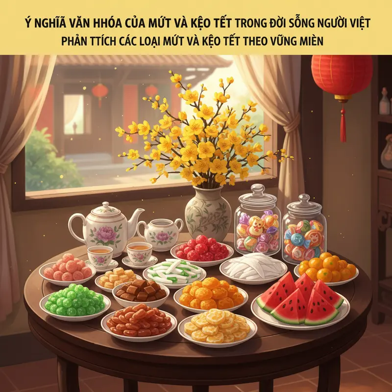 Bàn trà ngày Tết với đa dạng mứt, kẹo và hoa mai vàng nổi bật.