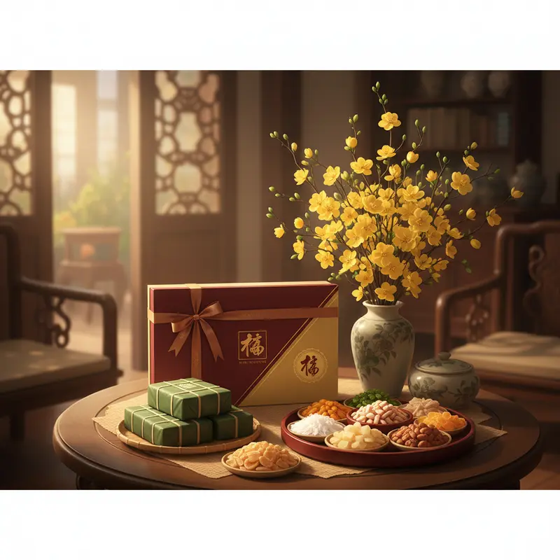 Bàn trà ngày Tết với hộp quà tinh tế, bánh chưng, mứt và hoa mai vàng, thể hiện sự kết hợp giữa truyền thống và hiện đại.