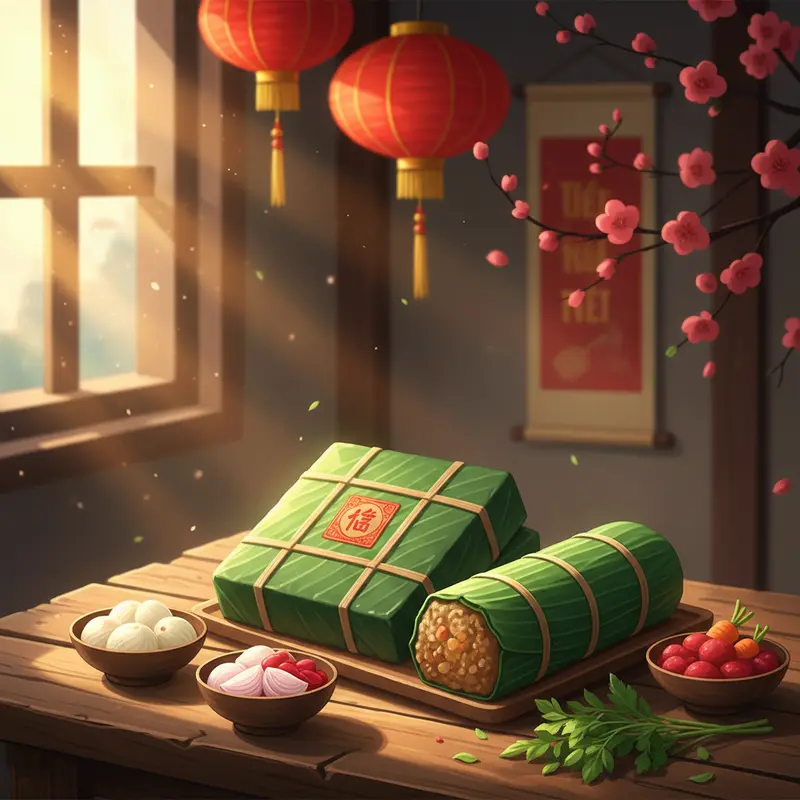 Bánh chưng vuông và bánh tét tròn đặt cạnh dưa hành trên bàn gỗ truyền thống ngày Tết