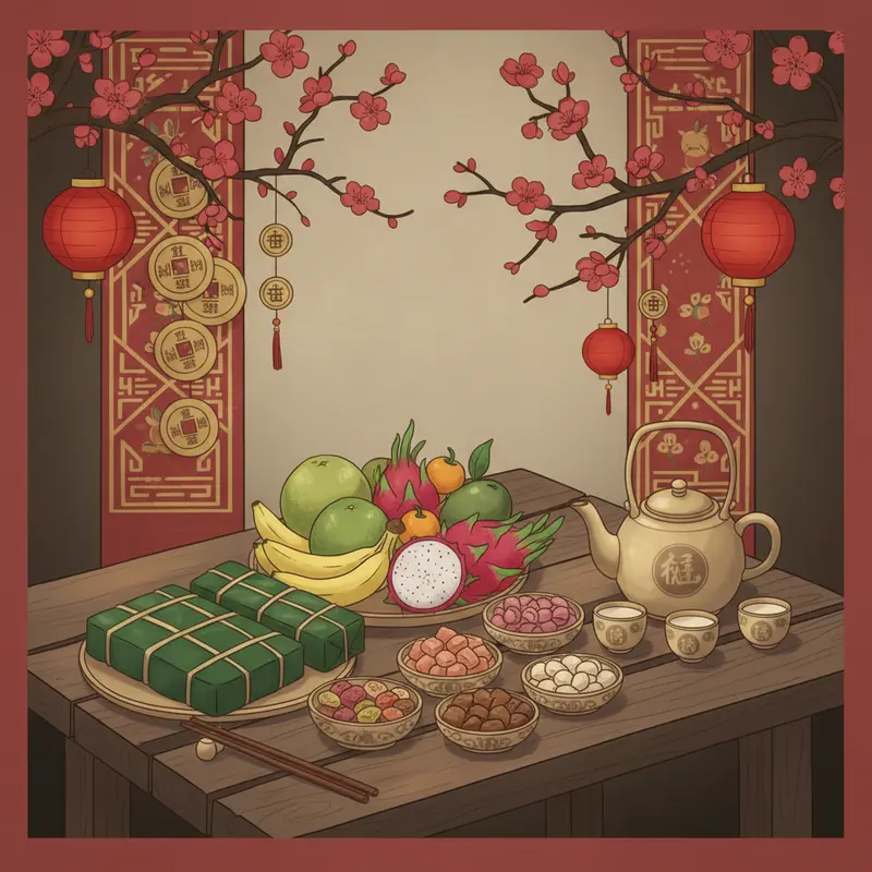 Không khí sum vầy ngày Tết với bánh chưng, mứt và mâm ngũ quả truyền thống.