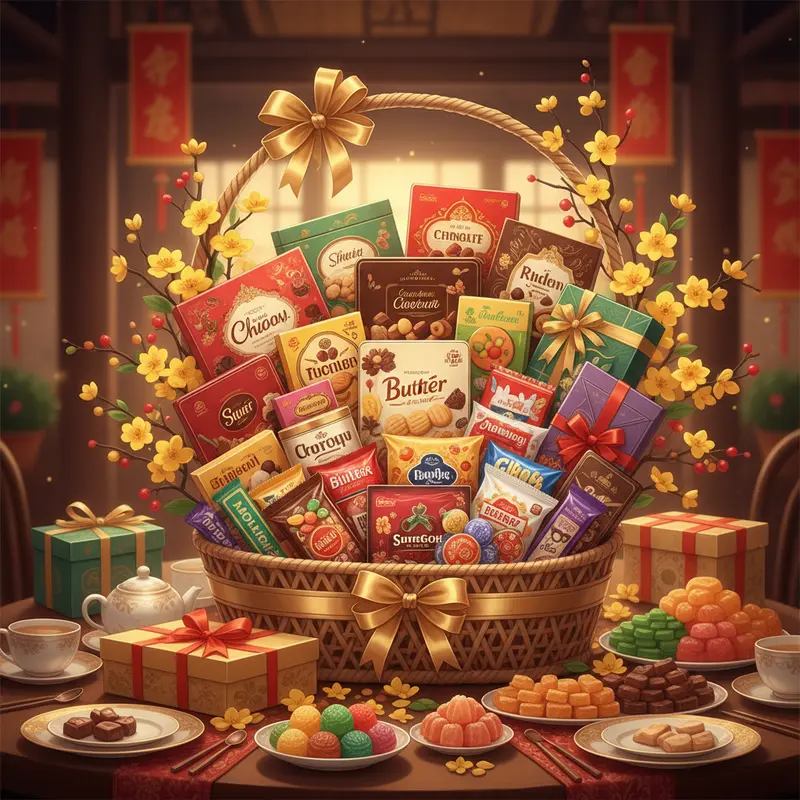 Bàn tiệc Tết với giỏ quà lớn gồm đa dạng bánh kẹo nhập khẩu, kèm hoa mai.