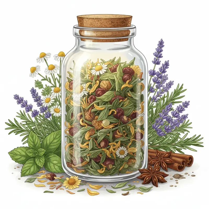 Hình ảnh trà thảo mộc được bảo quản đúng cách trong lọ thủy tinh và môi trường khô ráo.