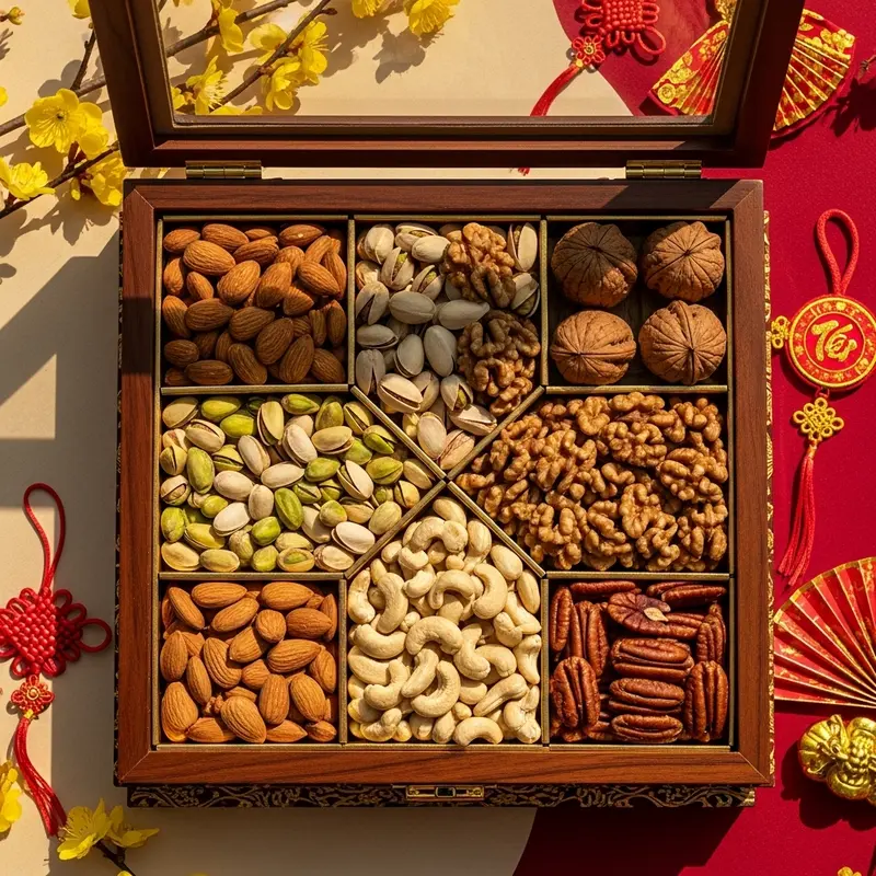 Hộp quà Tết chứa nhiều loại hạt hấp dẫn trên nền trang trí ngày Xuân, ánh sáng ấm áp.