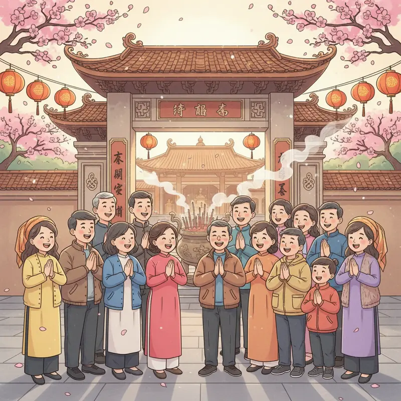 Gia đình đi lễ chùa đầu năm cầu phúc lộc, bình an.