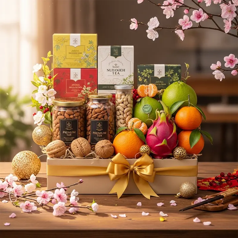 Giỏ quà Tết healthy sang trọng bên hoa đào và phụ kiện trang trí ngày Tết.