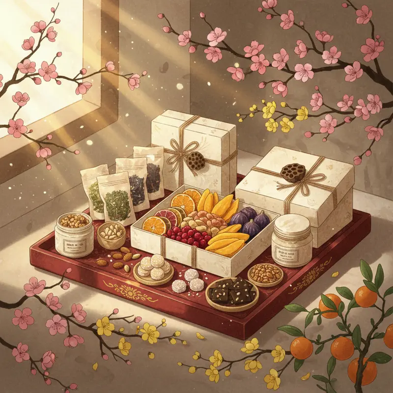 Bộ quà Tết hữu cơ gồm trà, trái cây sấy, món ngon thiên nhiên trên khay sơn mài, hoa xuân rực rỡ.