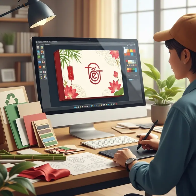 Hộp quà Tết healthy sang trọng, in logo thương hiệu nổi bật, giữa không gian hoa mai, bánh trái tươi ngon.