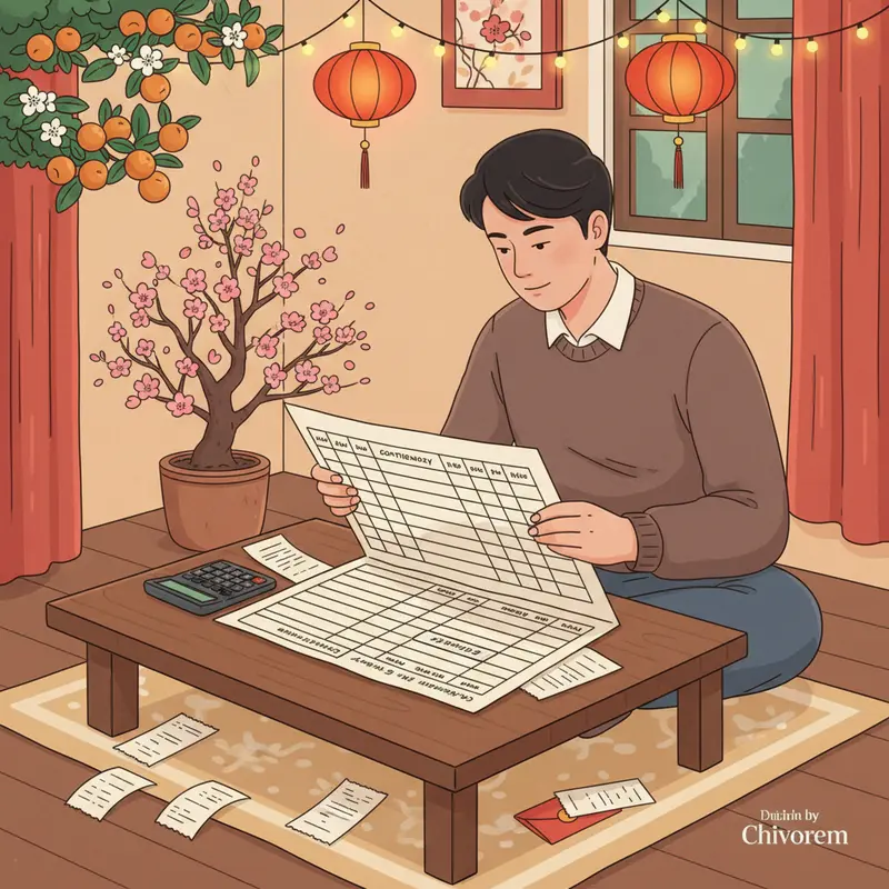 Quầy lễ tân khách sạn trang trí Tết cùng bảng báo giá phụ phí ngày lễ.