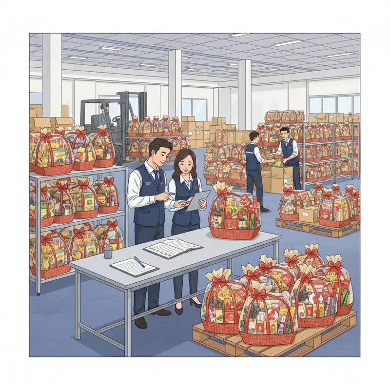 Giỏ quà Tết đẹp, nhiều đặc sản, không rượu vang trong phòng làm việc doanh nghiệp hiện đại.