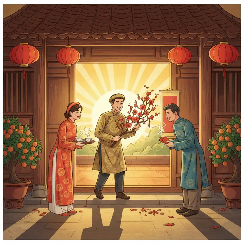 Gia đình Việt niềm nở đón khách xông đất đầu năm mới.