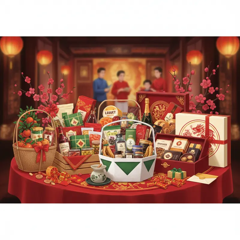Giỏ quà Tết truyền thống trong khung cảnh gia đình xưa.