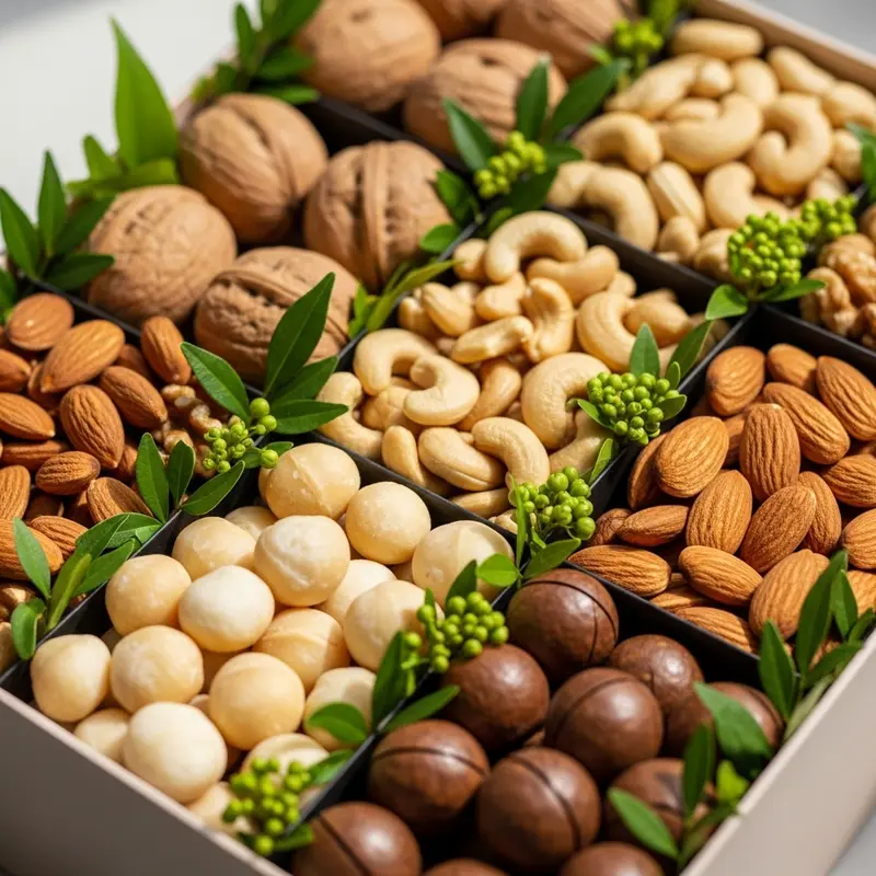 Các loại hạt dinh dưỡng nổi bật trong hộp quà Tết healthy.