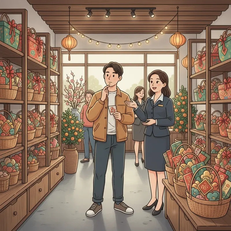 Giỏ quà Tết truyền thống trong khung cảnh gia đình xưa.